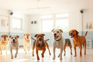 Happy dogs playing in a secure, camera-monitored kindergarten.