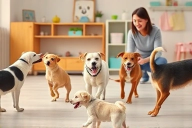 Happy dogs socializing and learning in a professional dog kindergarten.