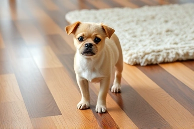 Dog worried on slippery floor, safe mat nearby