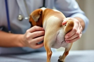 Veterinarian examining a dog's painful leg.