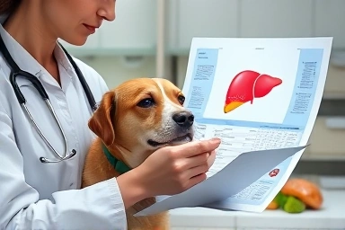 Veterinarian consulting on dog's liver health