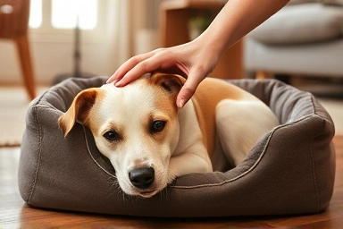 Content dog receiving gentle affection from owner.