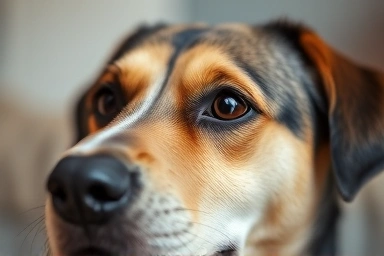 Dog's curious and energetic expression, subtle stress