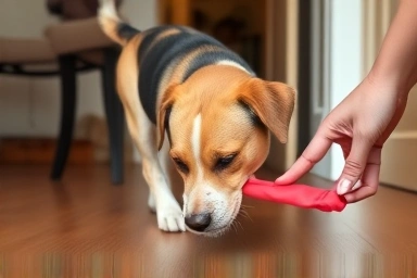 Dog happily exploring new home with owner's guidance.