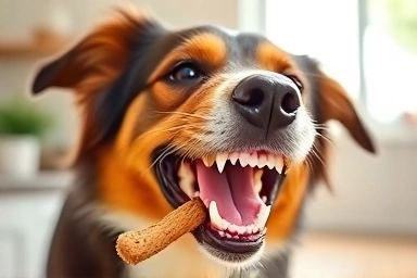 Happy dog chewing natural dental treat for healthy teeth