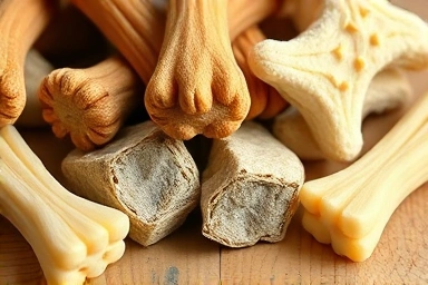 Assortment of natural dog dental chews with visible ingredients