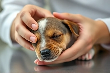 Veterinarian examining a calm puppy