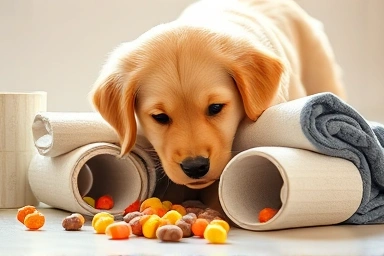 Happy puppy discovering hidden treats with nose work