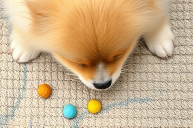 Pomeranian dog using its nose to find treats on a mat