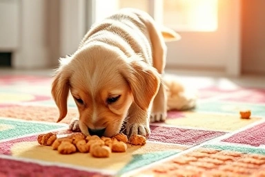 Golden retriever puppy enjoying a nosework mat activity.