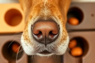 Dog's nose investigating a challenging puzzle toy.