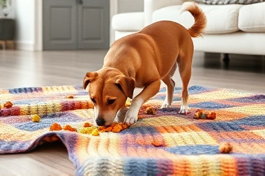 Happy dog enjoying nosework blanket, finding treats indoors.