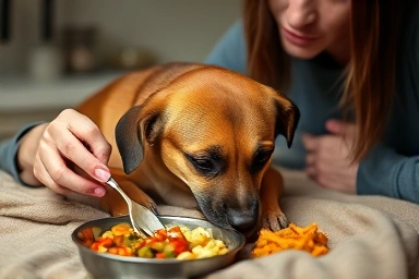 Owner preparing low-fat meal for sick dog