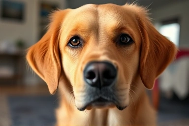 Golden retriever with concerned look, natural light.