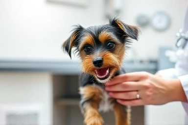Veterinarian examining dog's gums, clinic setting.