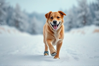 Dog wearing winter paw protection shoes in snow