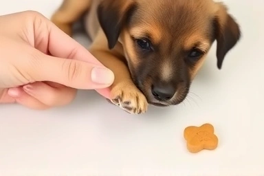 Puppy paw being gently touched with treat nearby