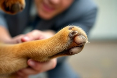 Close-up of dog paw inspection with gentle owner interaction