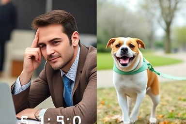 Busy owner vs. happy dog with pet sitter.