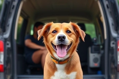 Happy dog getting safely picked up for kindergarten