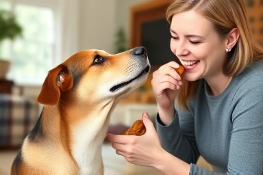 Happy dog receiving praise and treat from owner.
