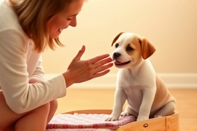 Owner praising puppy for potty training success