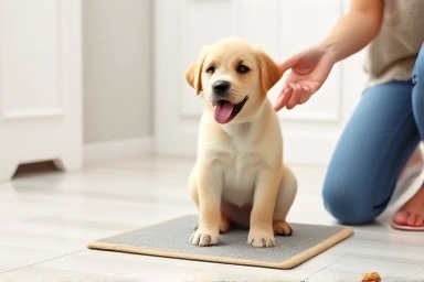 Happy puppy succeeding at indoor potty training with owner praise.