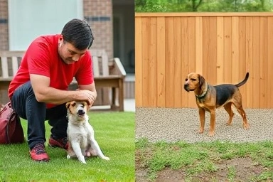 Puppy training struggle vs. successful outcome and consistency.