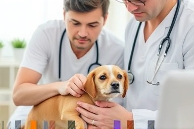 Veterinarian caring for a recovering dog at home.