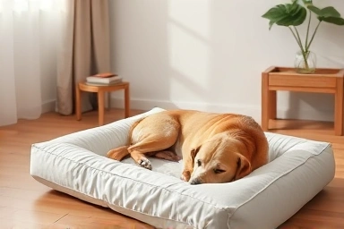 Comfortable home environment for a dog recovering from surgery.