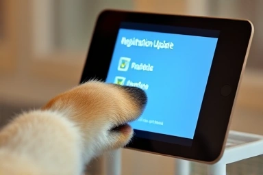 Dog paw interacting with digital registration update checklist.