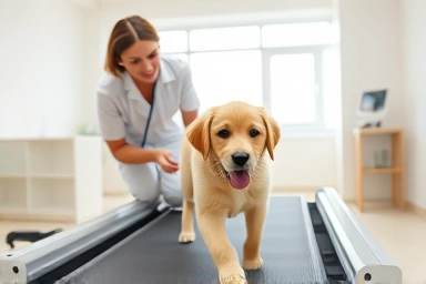 Golden retriever puppy recovering on rehab treadmill with therapist