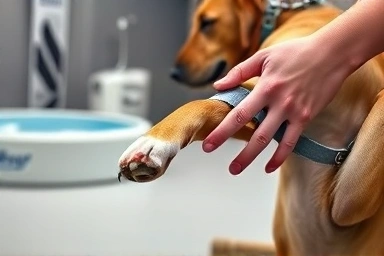 Veterinarian examining dog's leg, rehab equipment in background