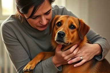 Dog owner comforting distressed dog, seeking care