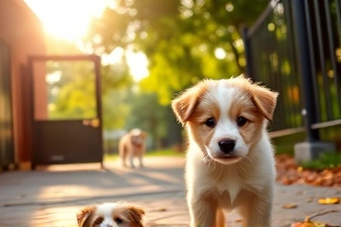 Curious puppy at park entrance, owner encouraging.