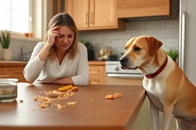 Dog stealing food, frustrated owner, kitchen mess, pet behavior problem