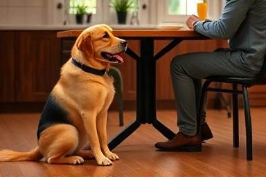 Well-behaved dog, patient pet, owner feeding dog, harmonious pet relationship