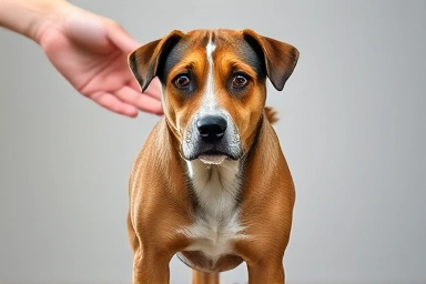 Dog with low, tucked tail showing nervousness or fear.