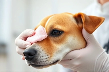 Vet cleaning dog's tear stains, pet eye care