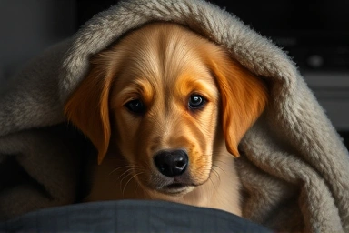 Anxious puppy hiding from thunder during a storm.