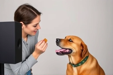 Dog trainer rewarding a calm dog during sound desensitization.