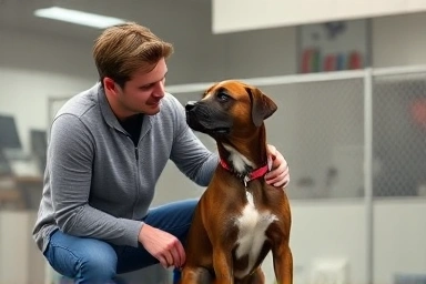 Owner and well-behaved dog in a training setting.