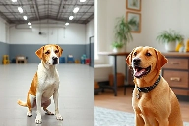Dog training center facility vs. home training.
