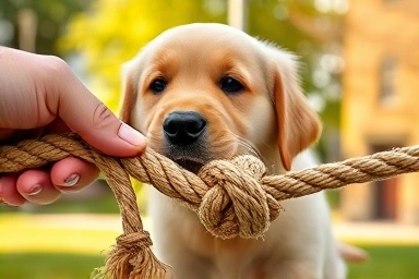 Happy dog playing tug-of-war with owner, building bond.