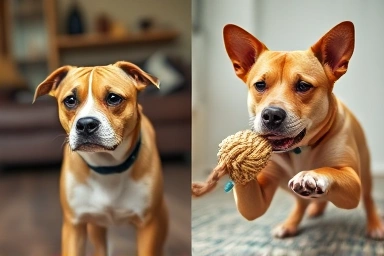 Dog stress relief through interactive tug toy play.