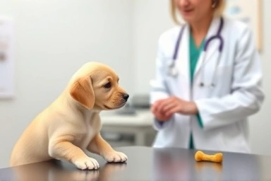 Puppy approaching vet calmly for positive experience