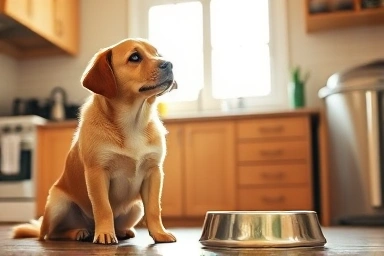 Dog waiting patiently for food, happy pet obedience training