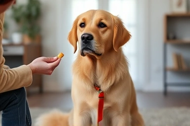Calm dog waiting for owner's command, positive reinforcement training.