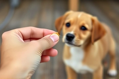 Dog training treat, building trust and patience with pet.