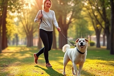 Harmonious dog walking with calm leash control